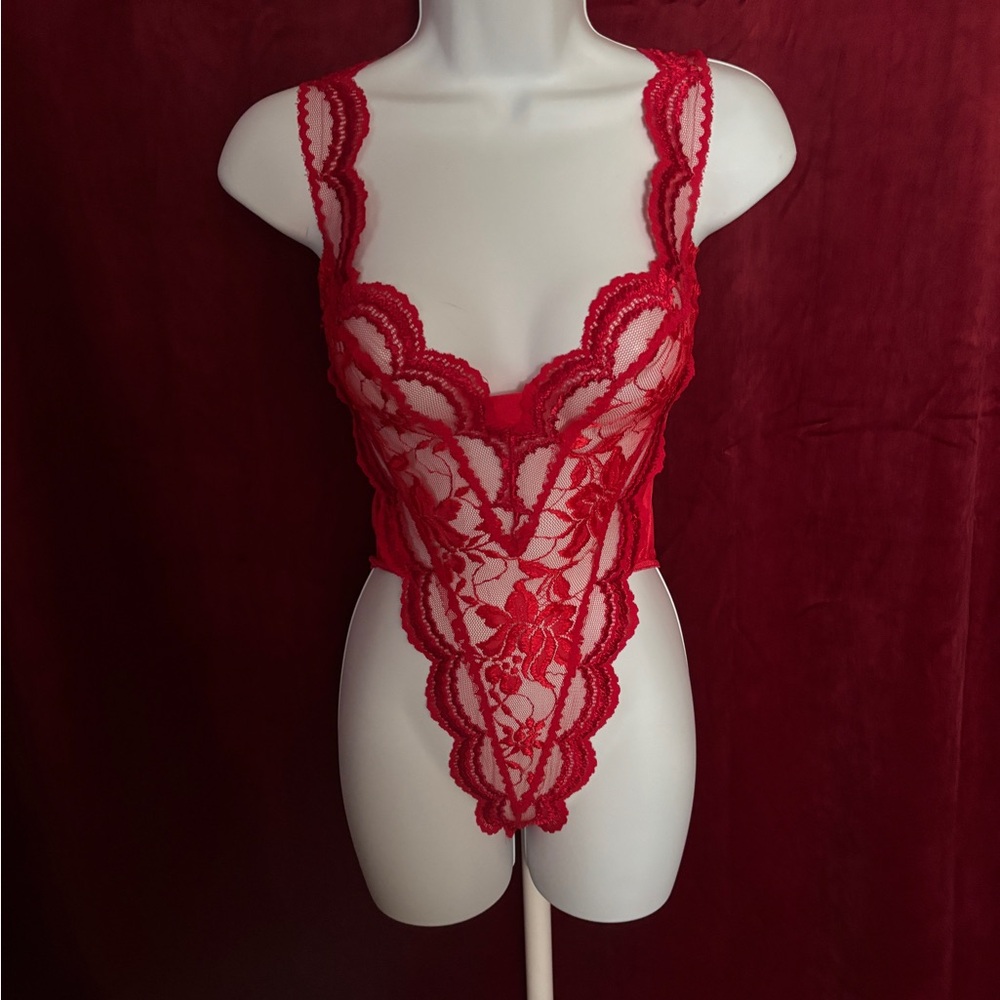 Red Lace Sheer Chemise Bodysuit - Women's Intimates